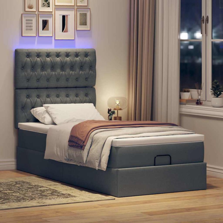 Cama otomana con colchón y LED tela gris oscuro