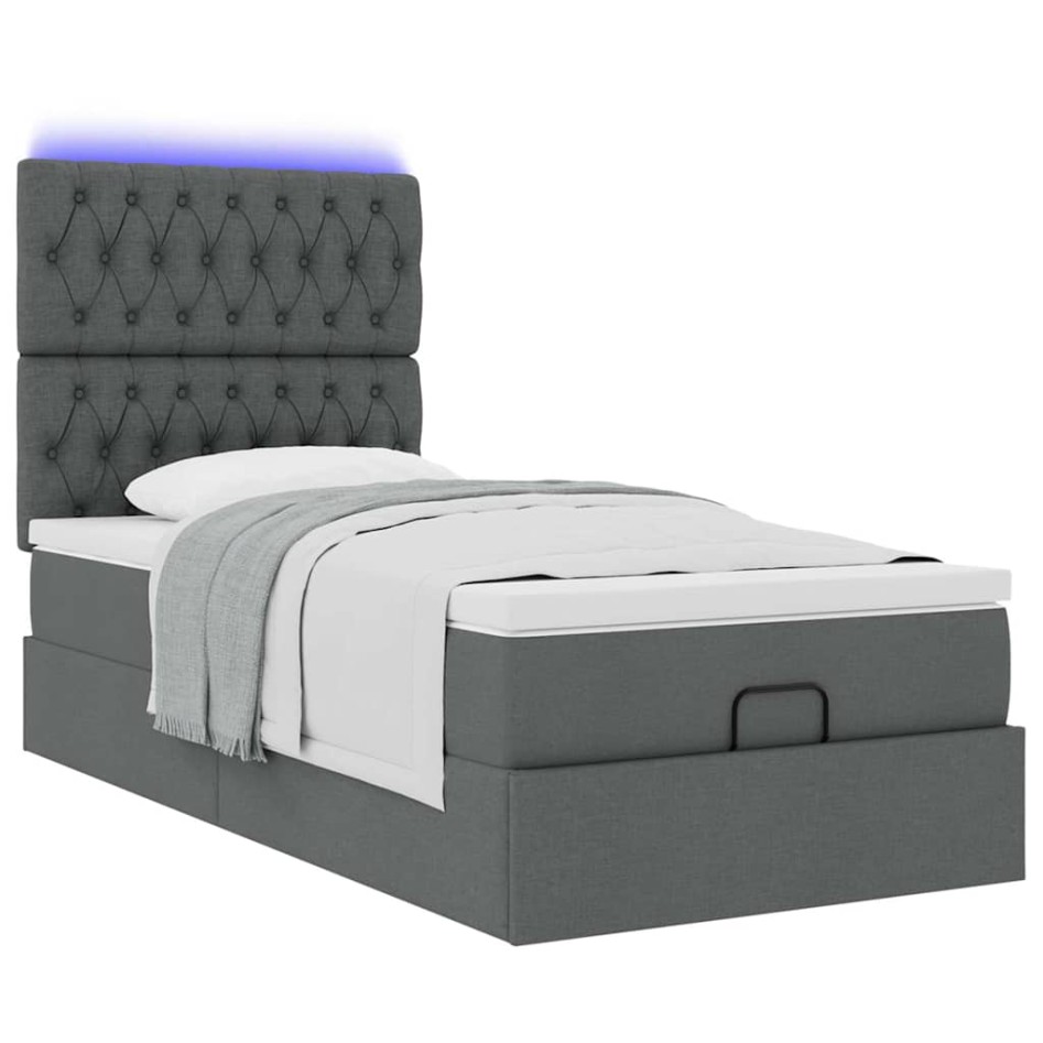 Cama otomana con colchón y LED tela gris oscuro