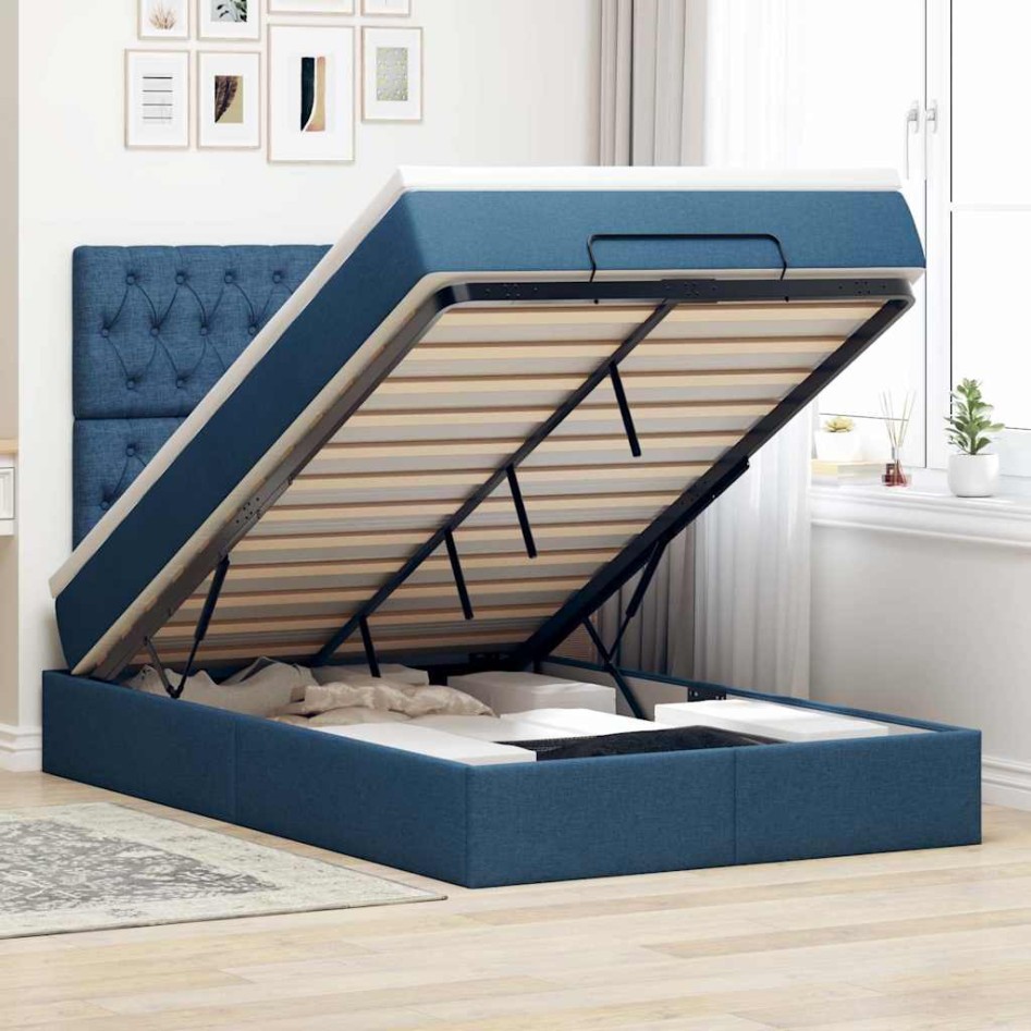 Estructura de cama otomana con colchón tela azul
