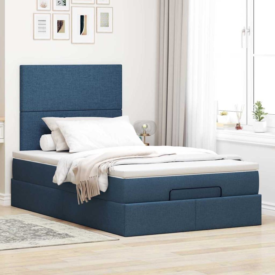 Estructura de cama otomana con colchón tela azul