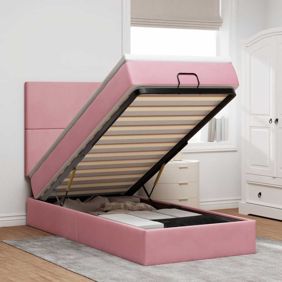 Estructura cama otomana con colchones terciopelo rosa