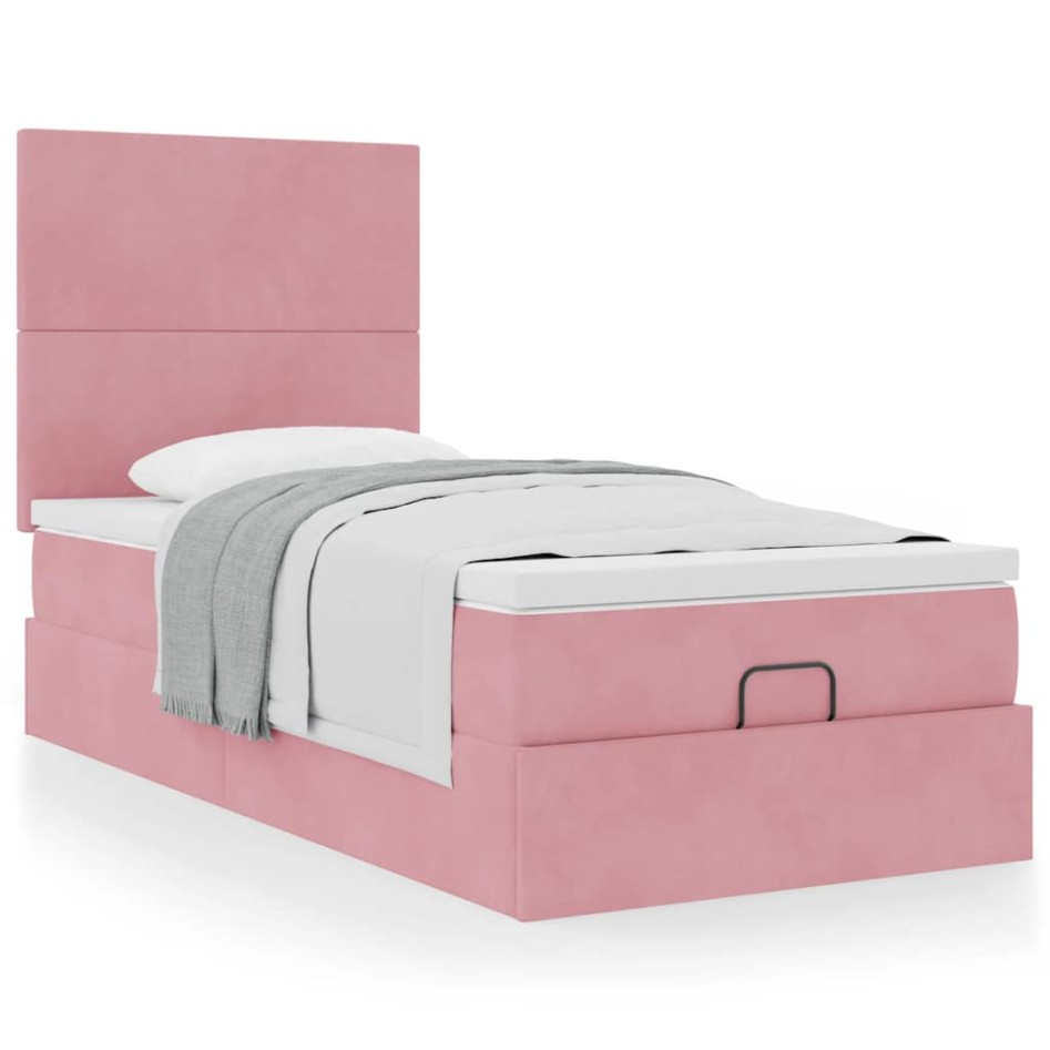 Estructura cama otomana con colchones terciopelo rosa