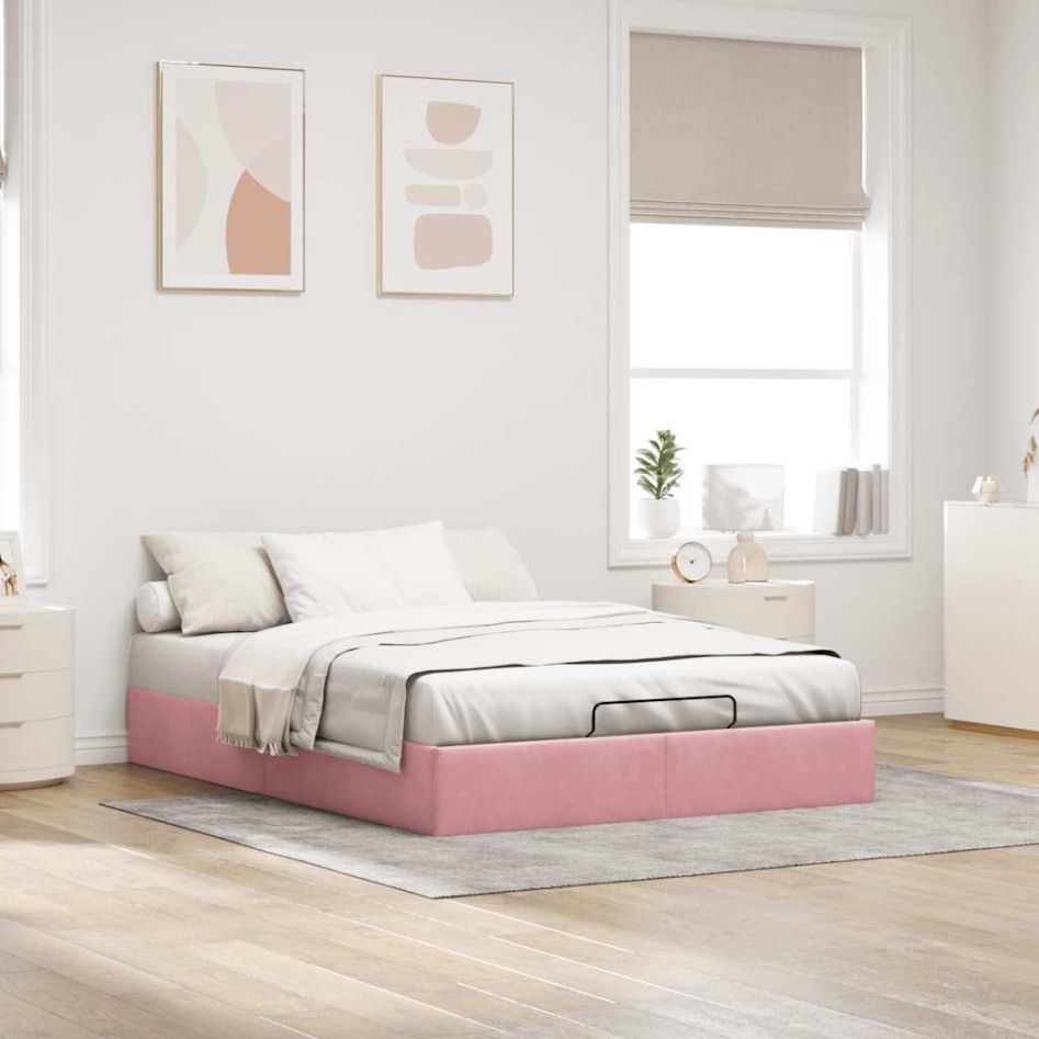 Estructura cama otomana sin colchón terciopelo rosa 140x190