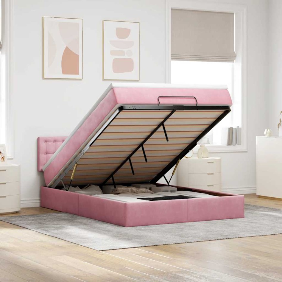 Estructura cama otomana con colchón terciopelo rosa 140x190