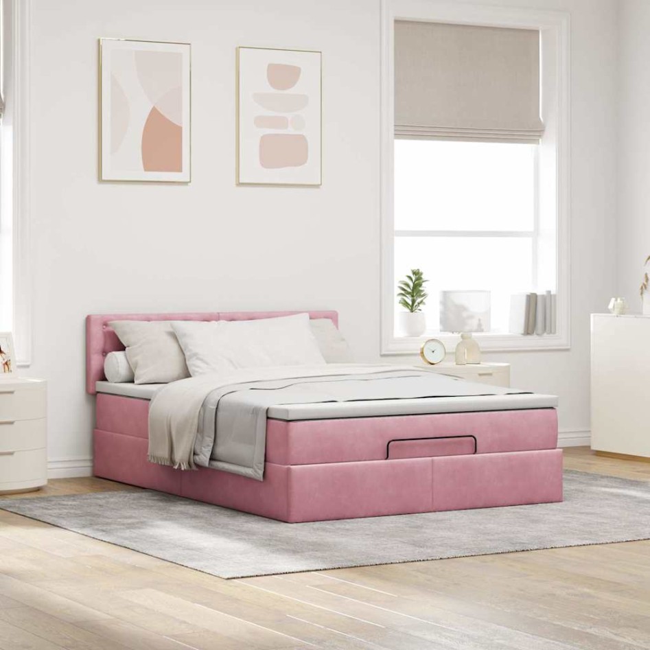 Estructura cama otomana con colchón terciopelo rosa 140x190