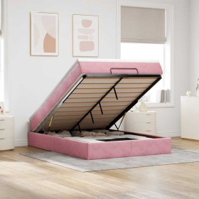 Estructura cama otomana con colchón terciopelo rosa 140x190