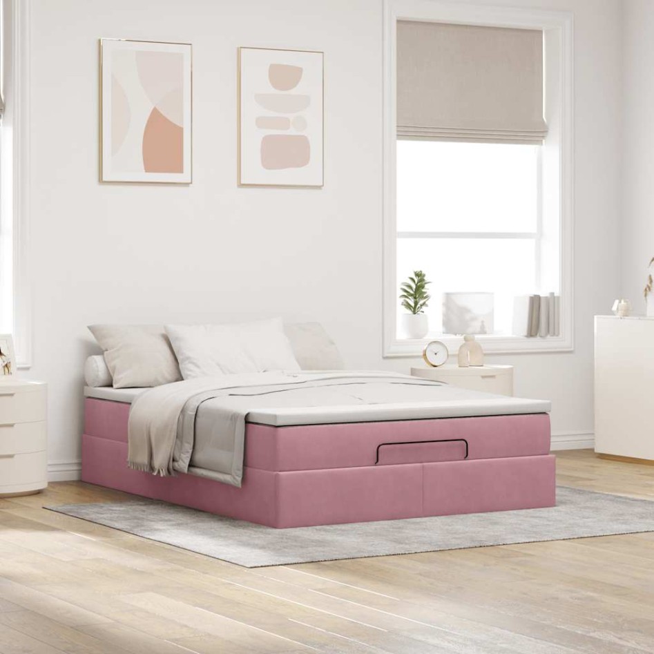 Estructura cama otomana con colchón terciopelo rosa 140x190