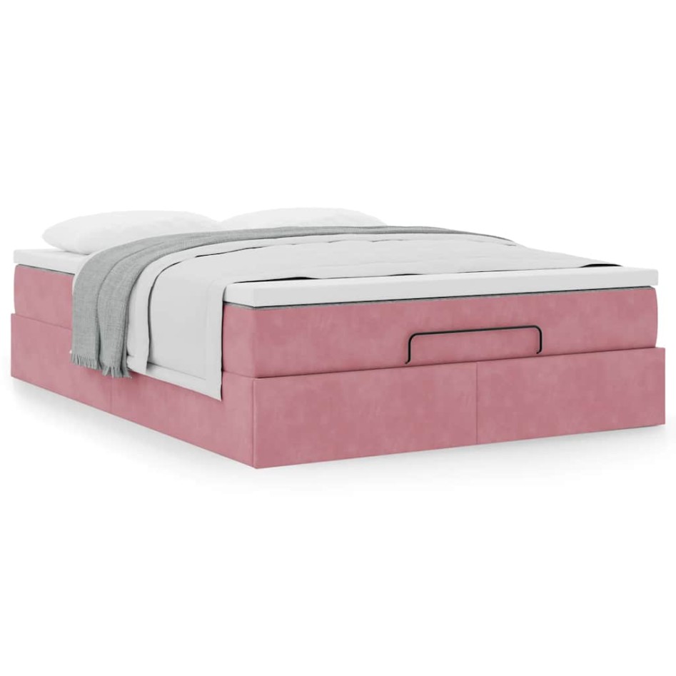 Estructura cama otomana con colchón terciopelo rosa 140x190