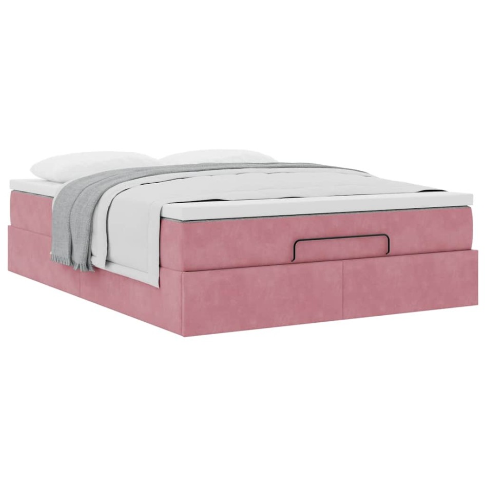 Estructura cama otomana con colchón terciopelo rosa 140x190