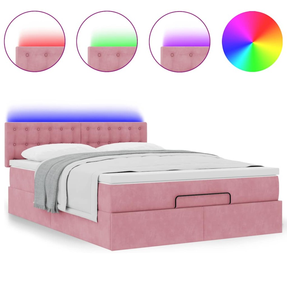 Estructura cama otomana con colchón terciopelo rosa 140x190