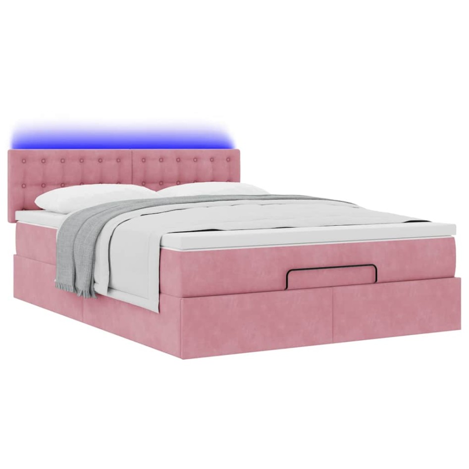 Estructura cama otomana con colchón terciopelo rosa 140x190