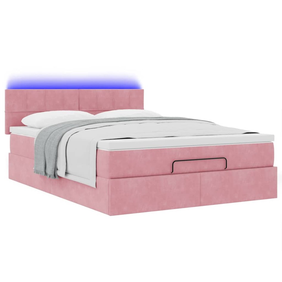 Estructura cama otomana con colchón terciopelo rosa 140x190