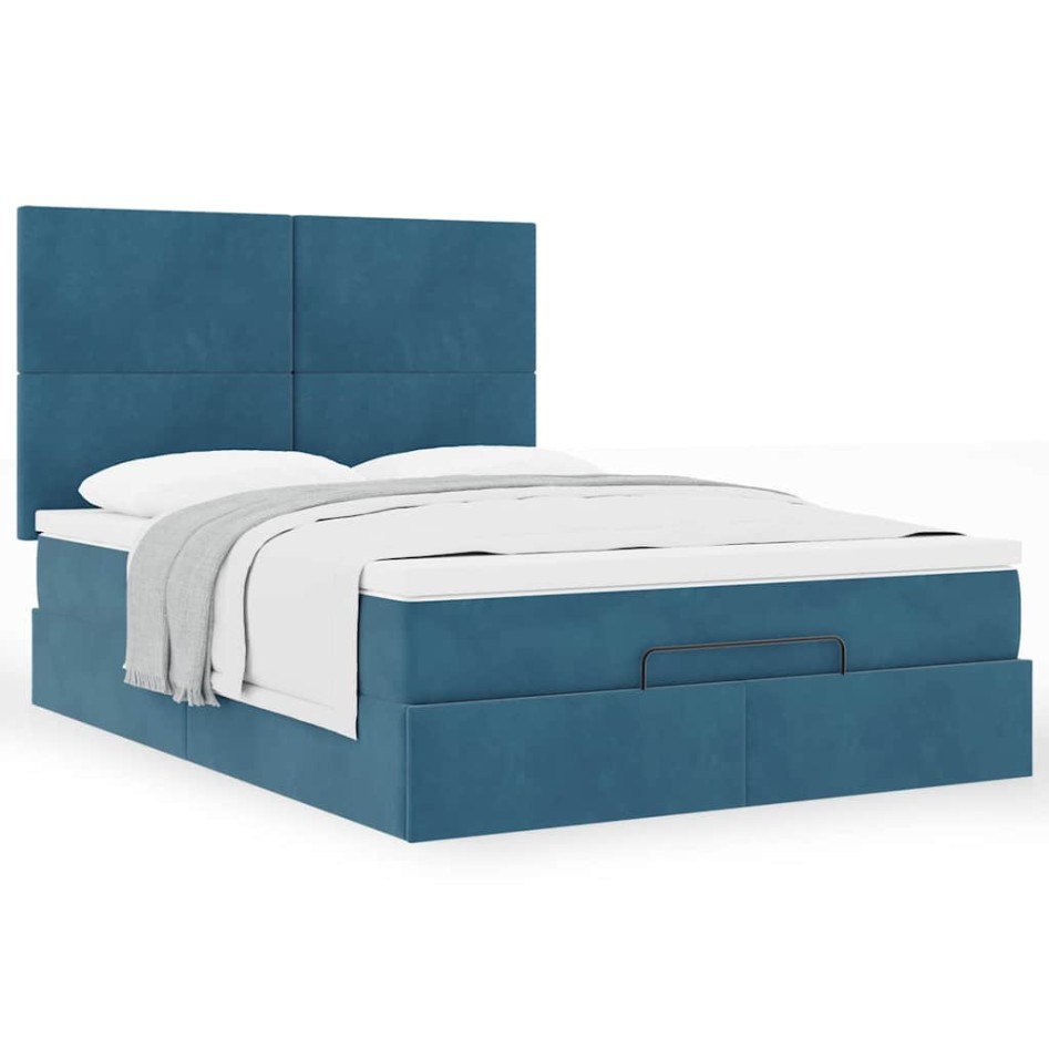 Estructura de cama otomana con colchones terciopelo azul