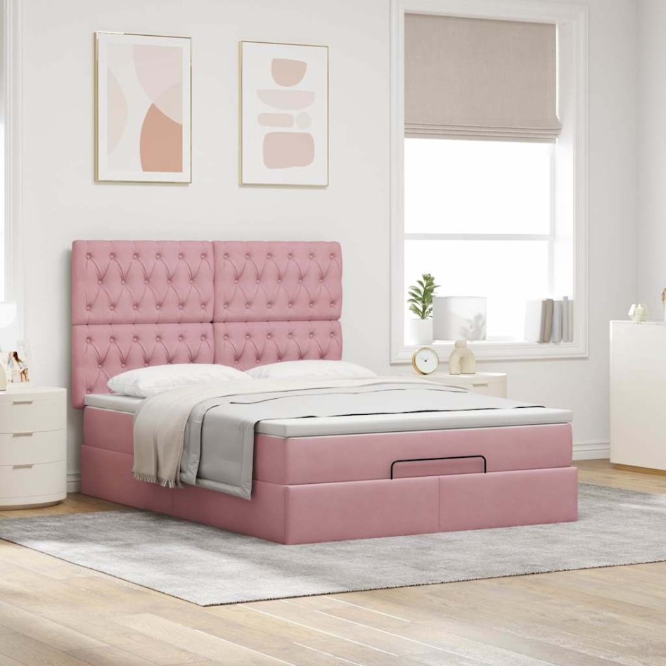 Estructura cama otomana con colchones terciopelo rosa