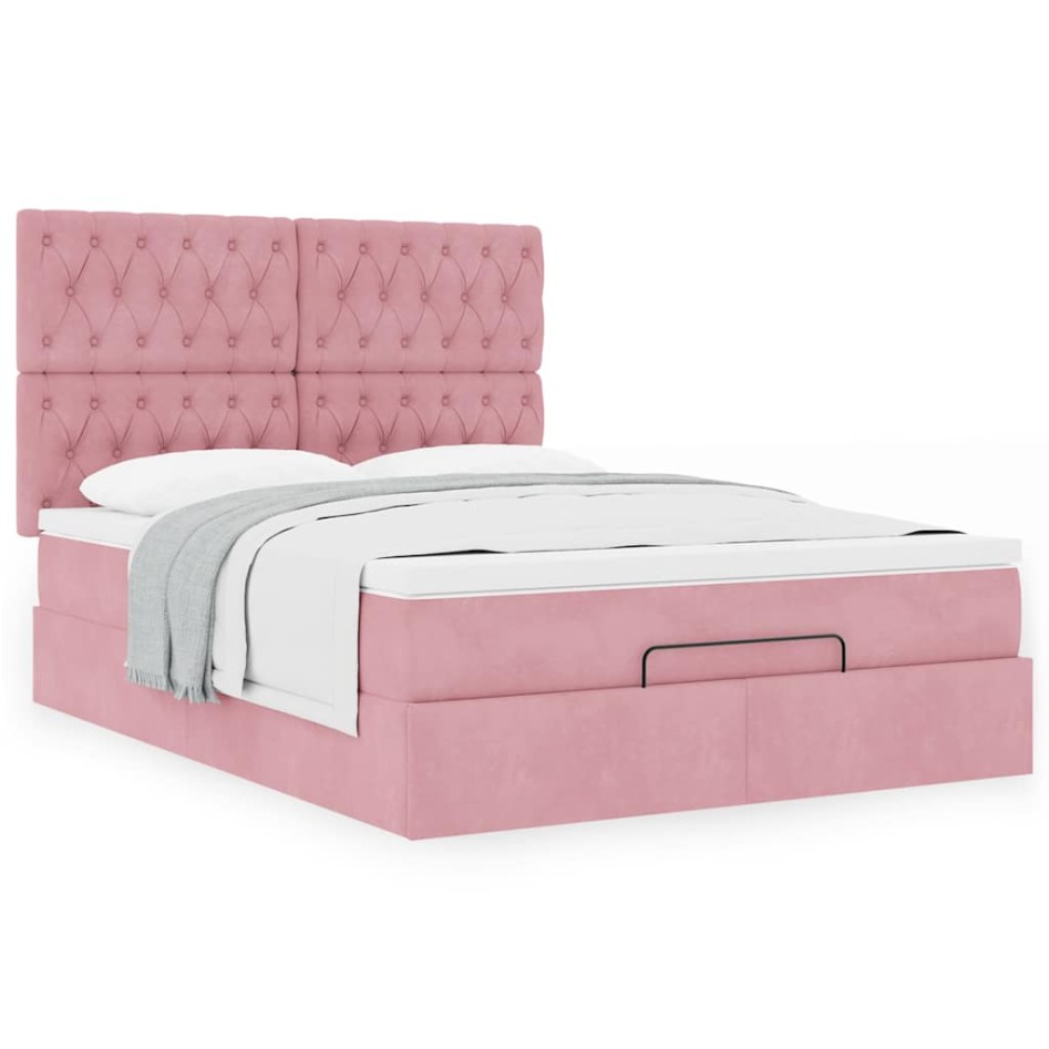 Estructura cama otomana con colchones terciopelo rosa