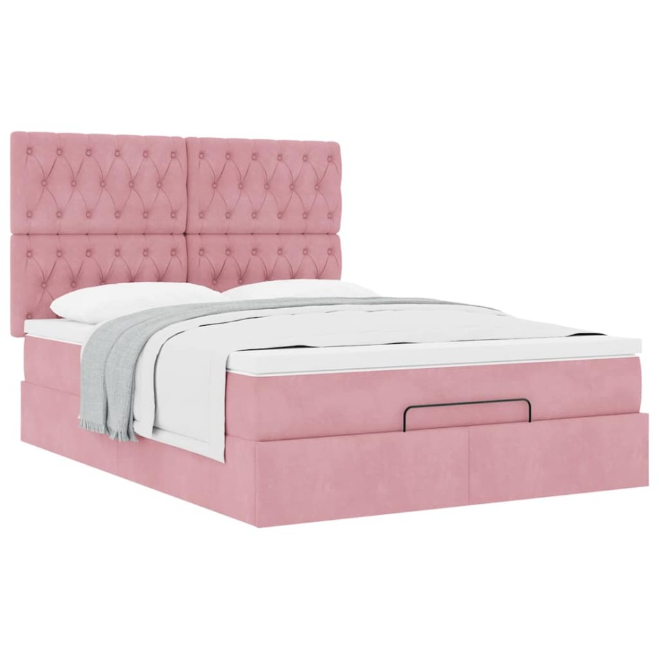 Estructura cama otomana con colchones terciopelo rosa