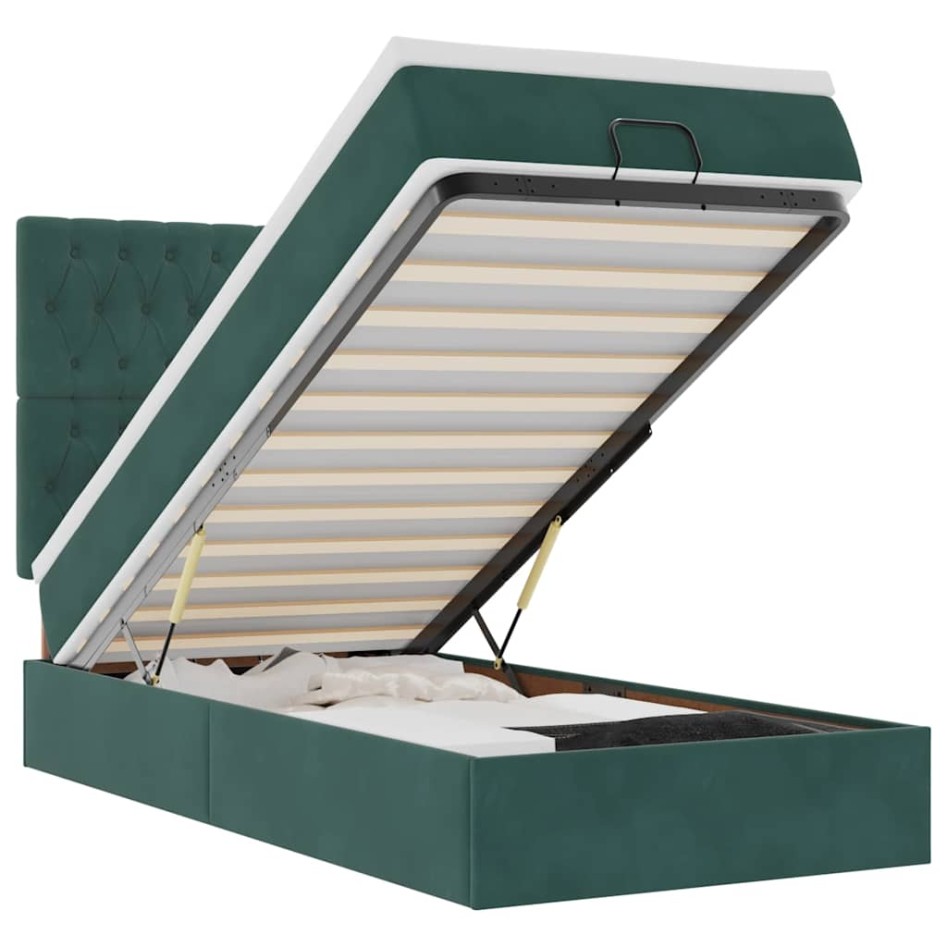 Estructura de cama otomana colchones terciopelo verde