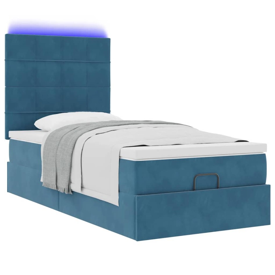 Estructura de cama otomana con colchones terciopelo azul