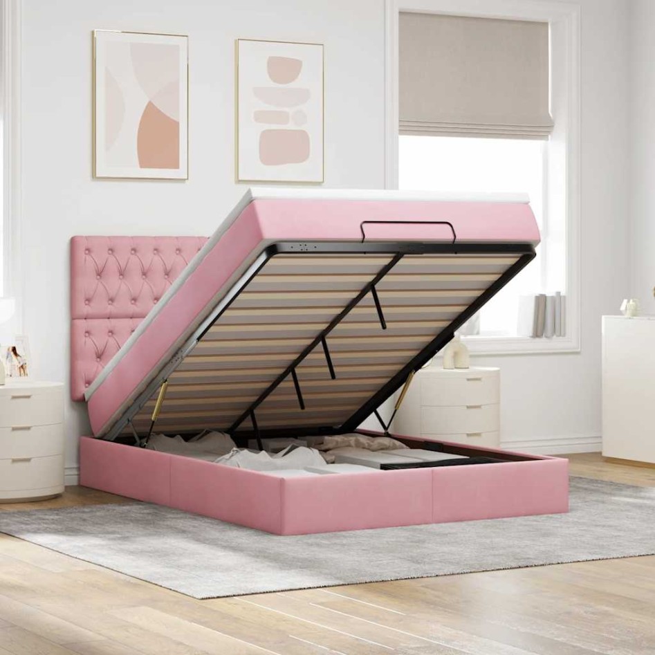 Estructura cama otomana con colchones terciopelo rosa