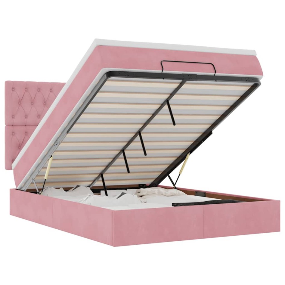 Estructura cama otomana con colchones terciopelo rosa