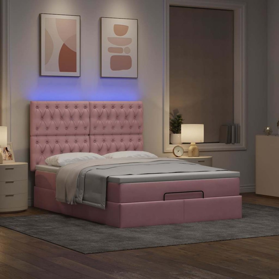 Estructura cama otomana con colchones terciopelo rosa