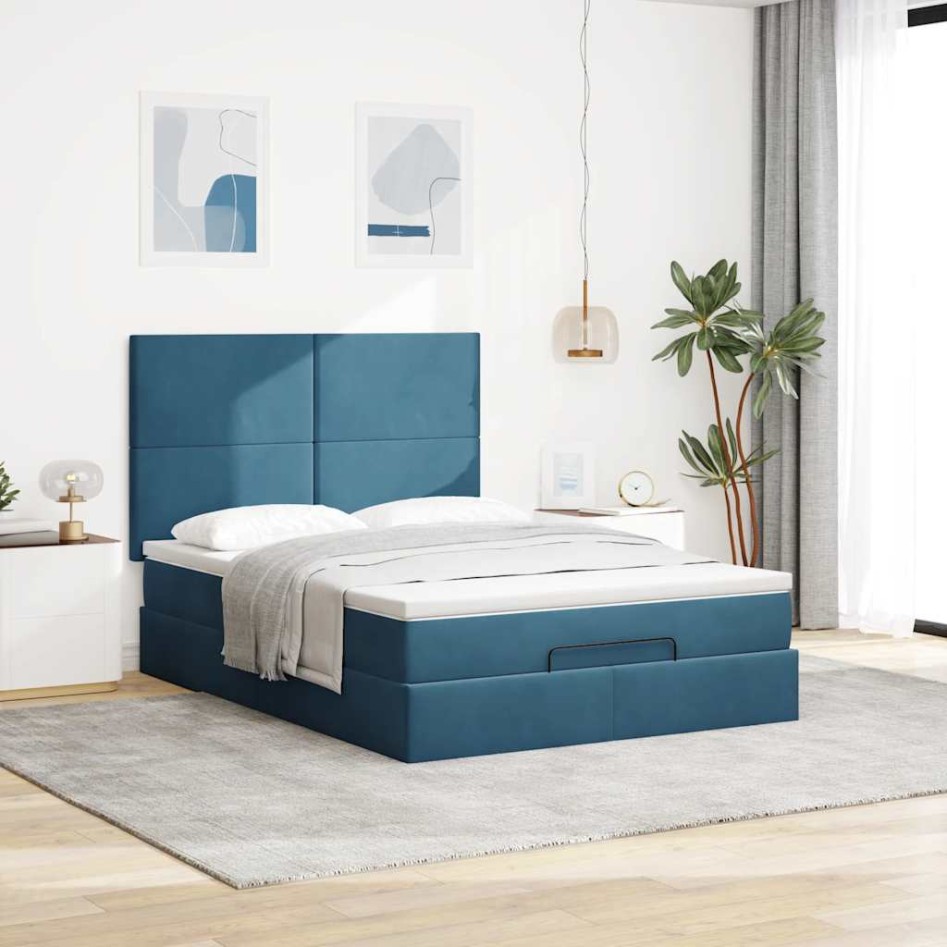 Estructura de cama otomana con colchones terciopelo azul