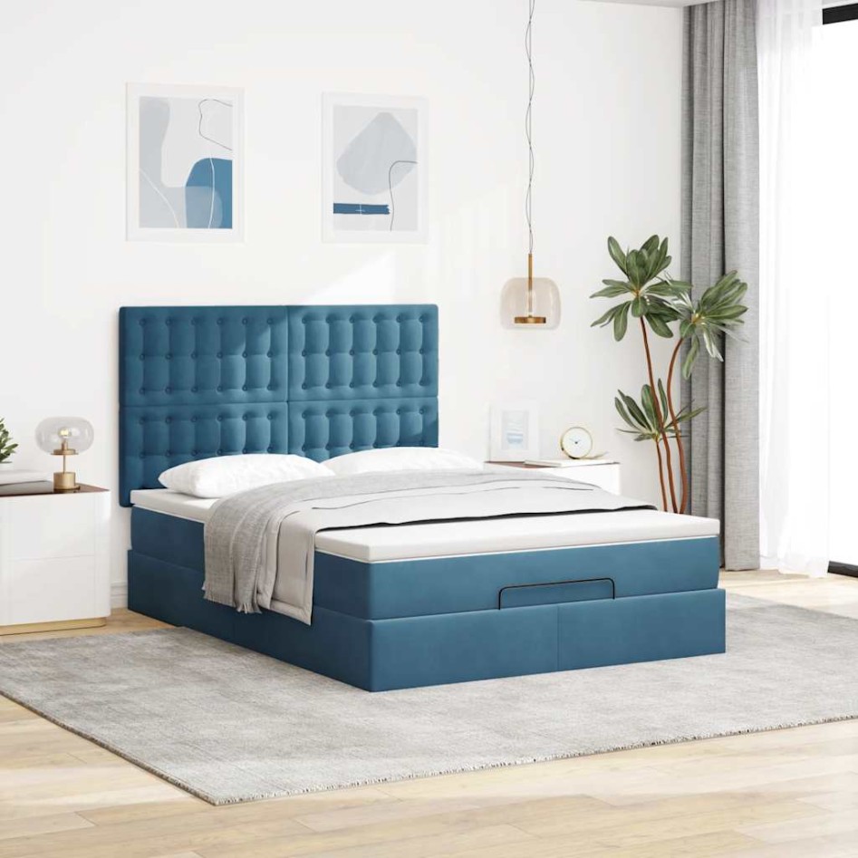 Estructura de cama otomana con colchones terciopelo azul