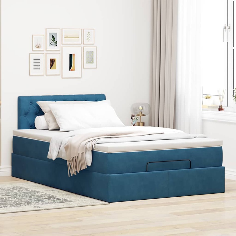 Estructura de cama otomana colchón terciopelo azul