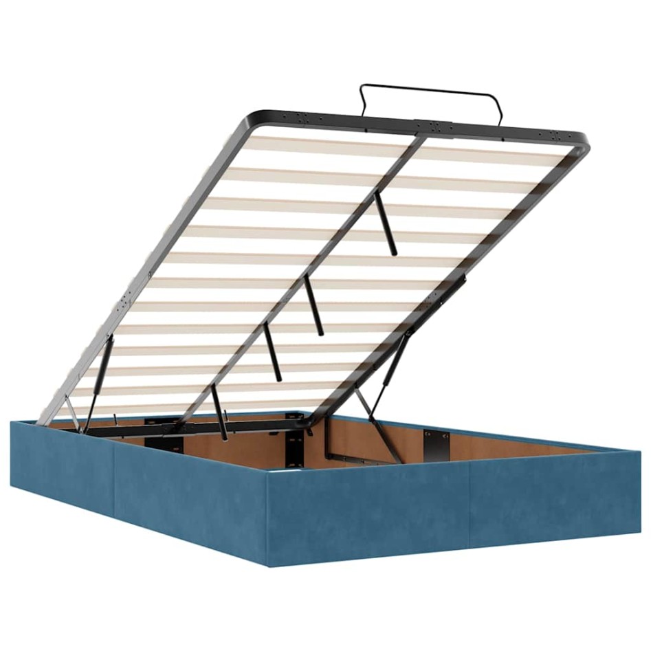 Estructura de cama otomana colchón terciopelo azul