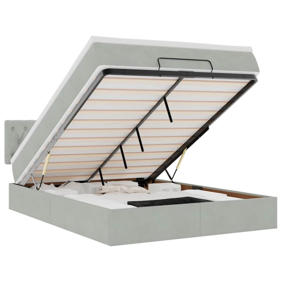 Estructura cama otomana colchón terciopelo gris claro