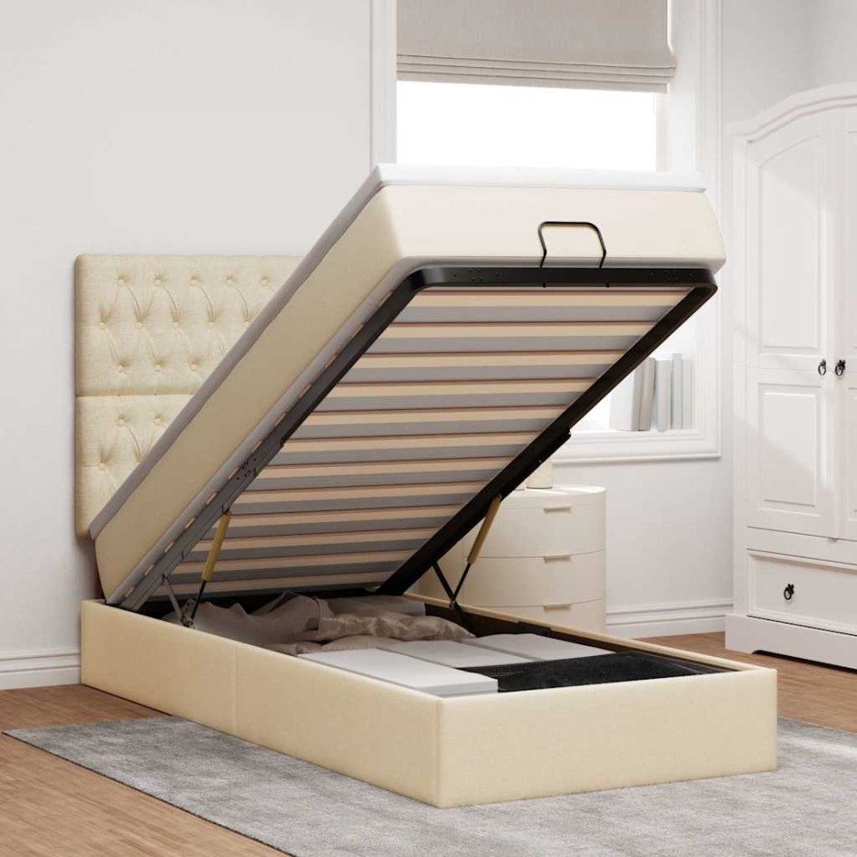 Cama otomana con colchón de tela color crema 100x200