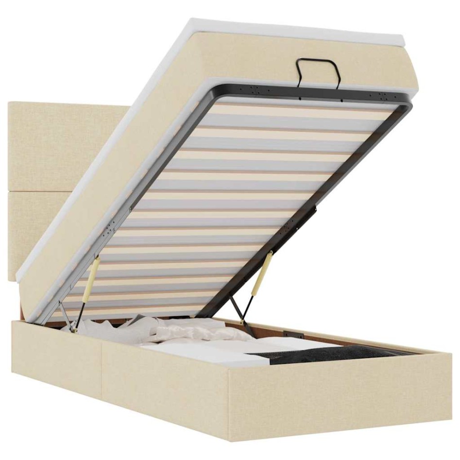 Estructura de cama otomana con colchón tela crema
