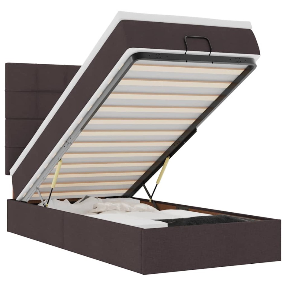 Cama otomana con colchón y LED tela marrón oscuro 90x200