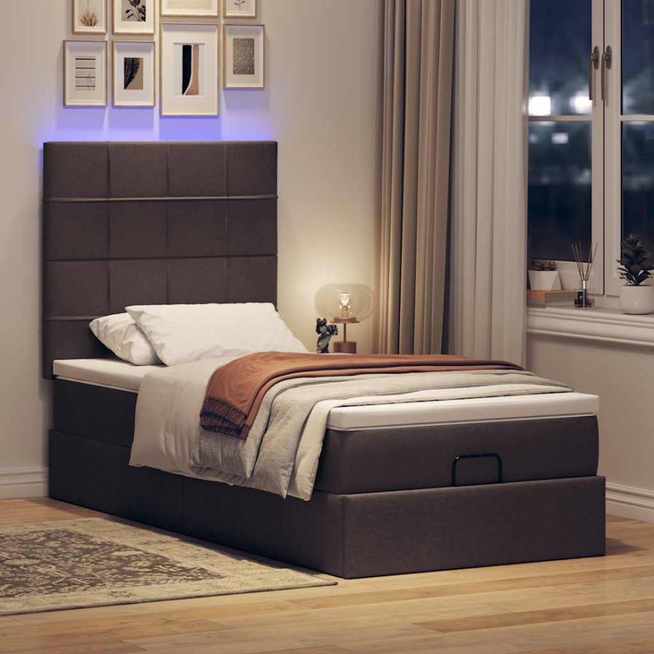 Cama otomana con colchón y LED tela marrón oscuro 90x200