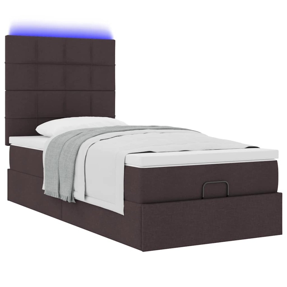 Cama otomana con colchón y LED tela marrón oscuro 90x200
