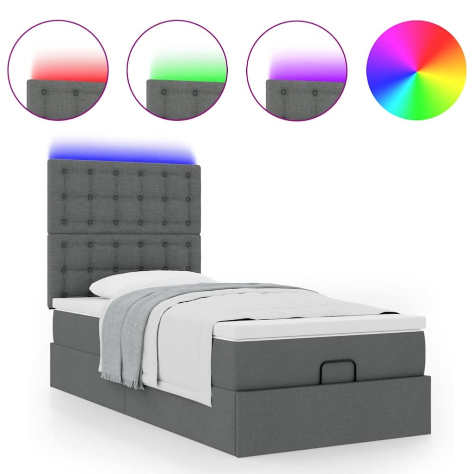 Cama otomana con colchón y LED tela gris oscuro 90x200
