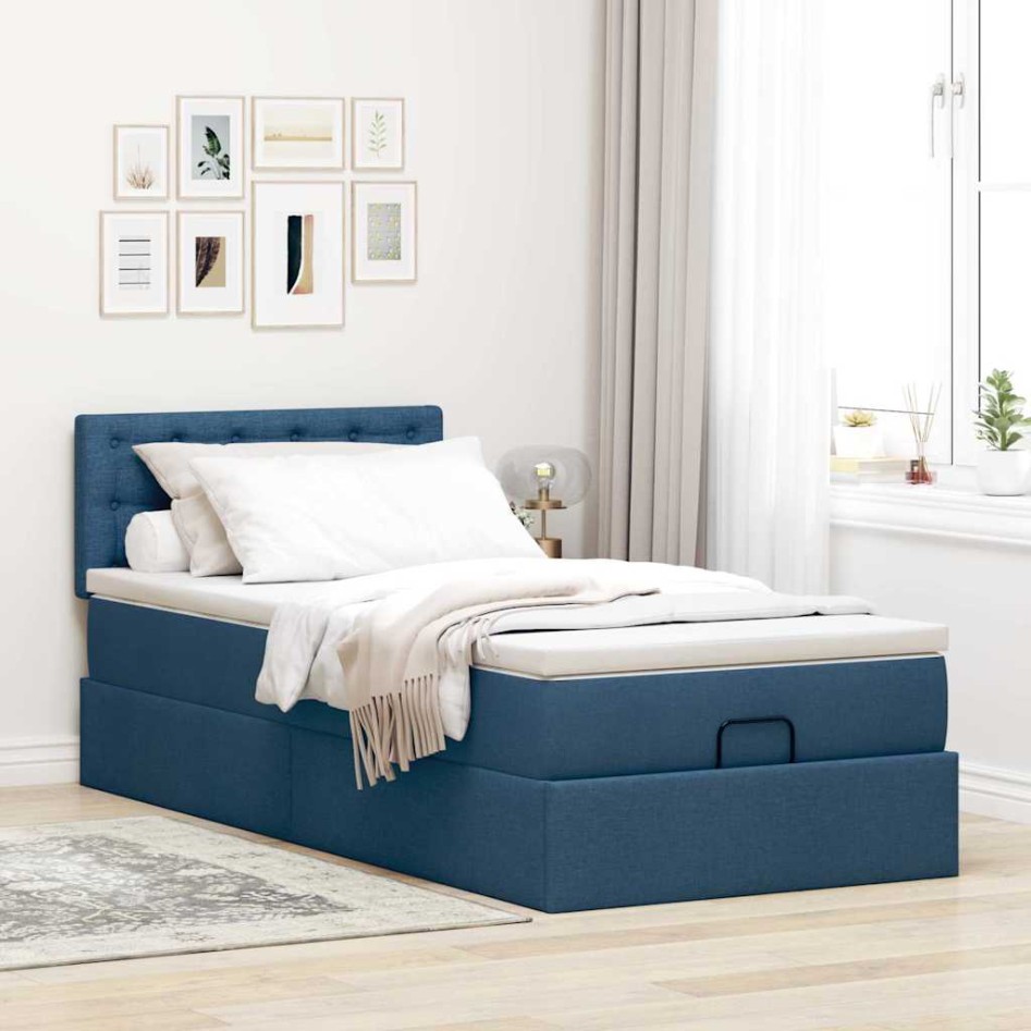 Cama otomana con colchón tela azul 100x200