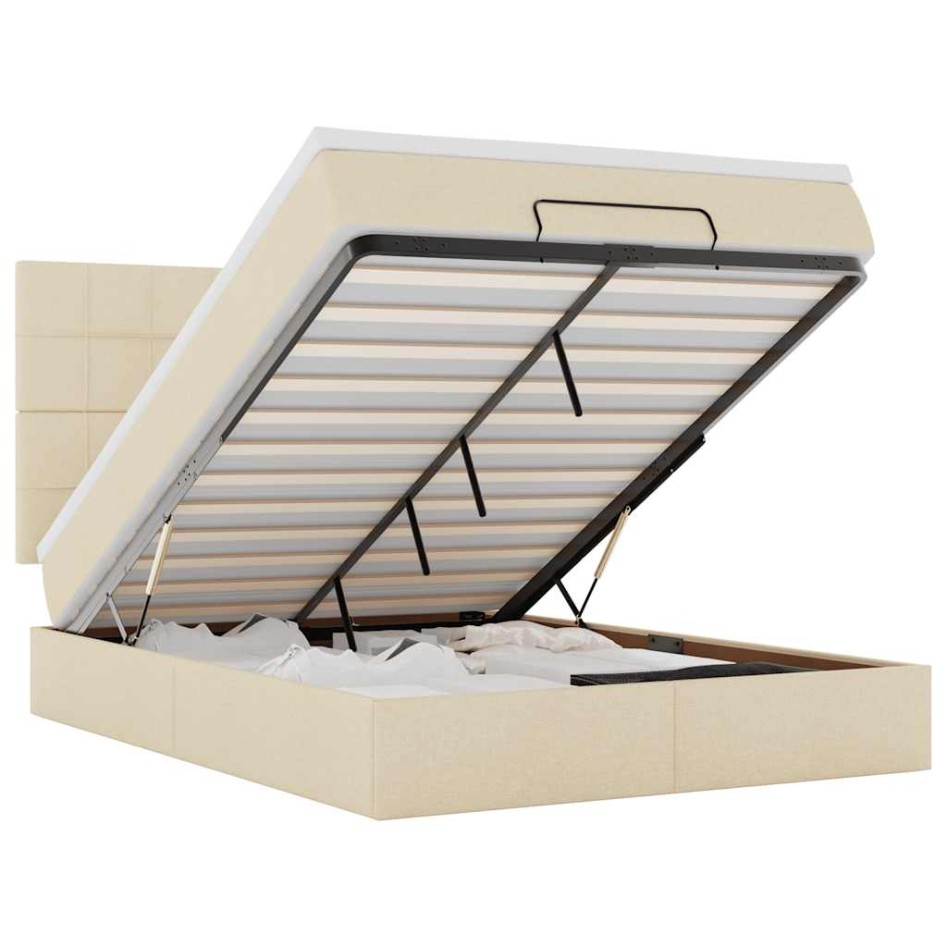 Estructura de cama otomana con colchón tela crema