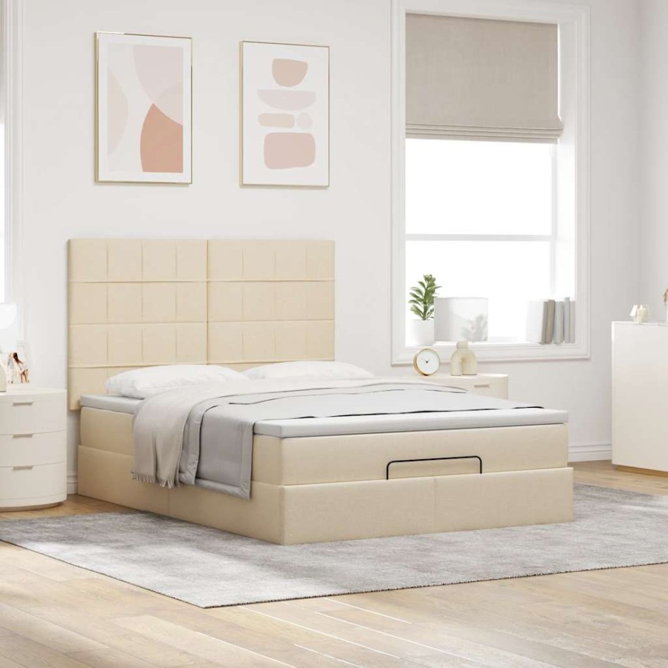 Estructura de cama otomana con colchón tela crema