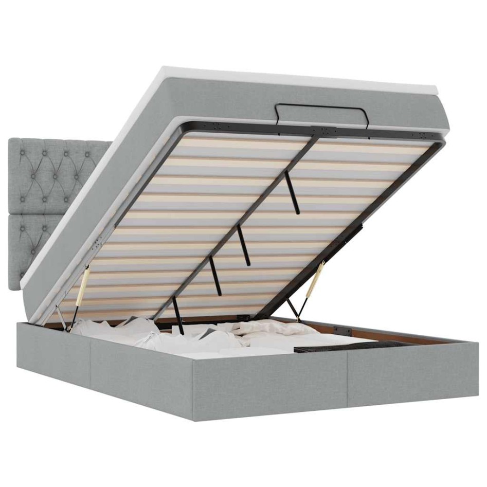 Estructura cama otomana con colchón tela gris claro 140x190