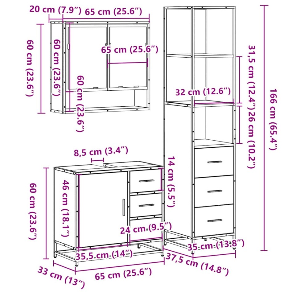 Set de muebles baño 3 pzas madera contrachapada roble