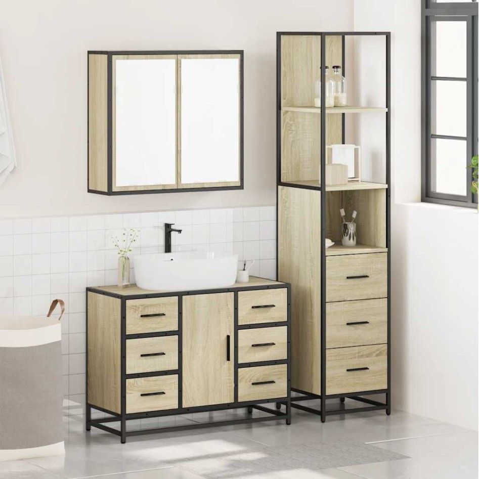 Set de muebles de baño 3 pzas madera contrachapada roble