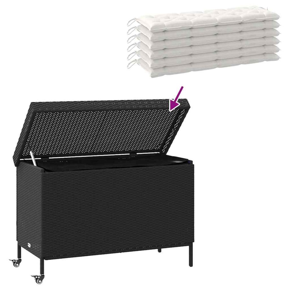 Caja almacenaje jardín ruedas ratán sintético negro