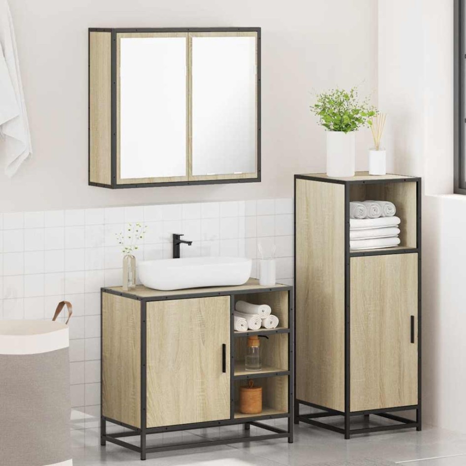 Set de muebles de baño 3 pzas madera contrachapada roble