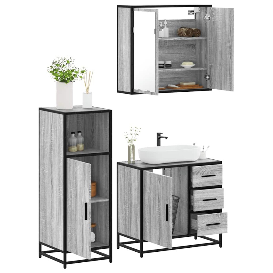 Set de muebles de baño 3 pzas madera contrachapada gris