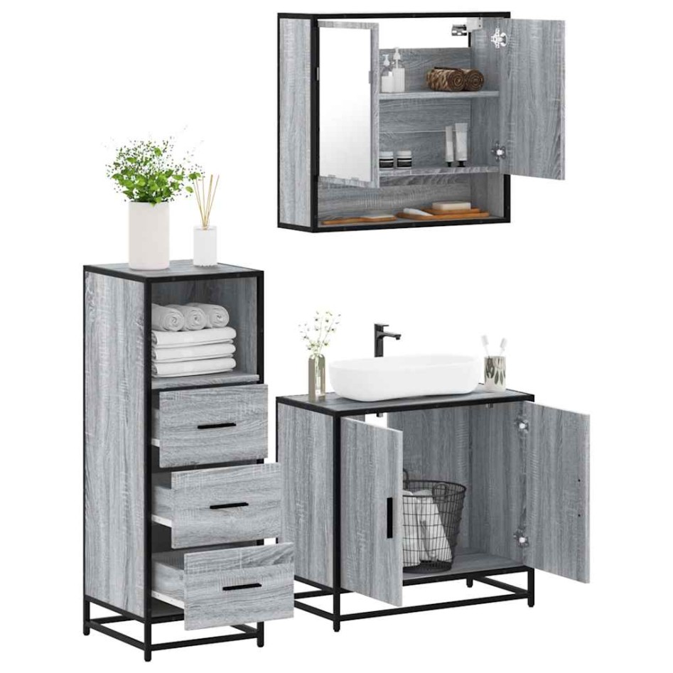 Set de muebles de baño 3 pzas madera contrachapada gris