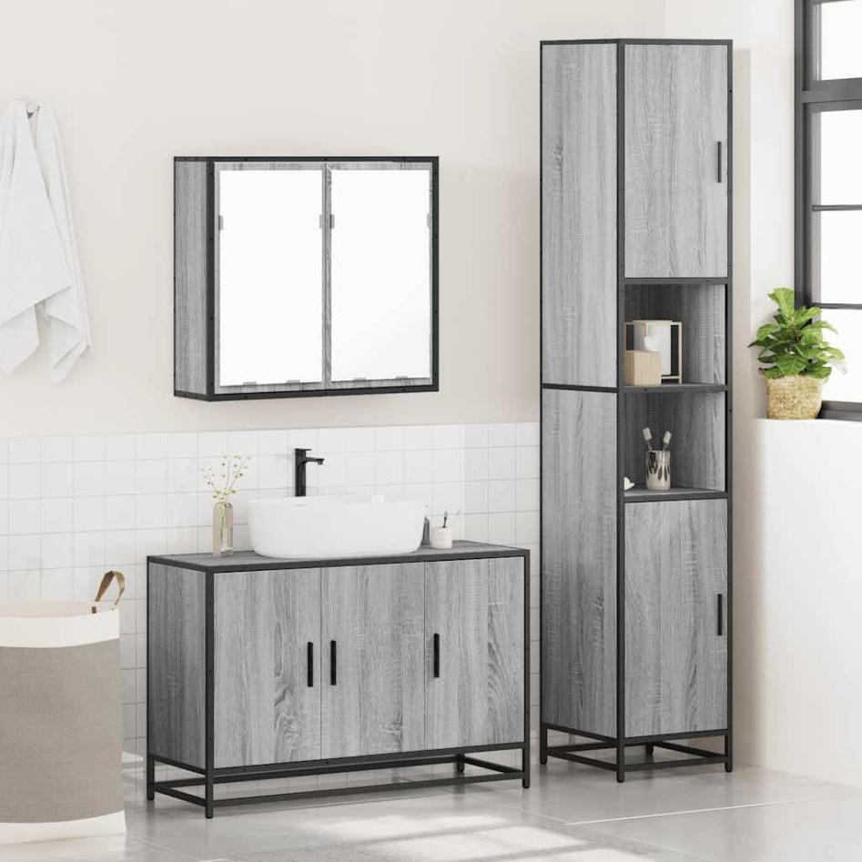 Set de muebles de baño 3 pzas madera contrachapada gris