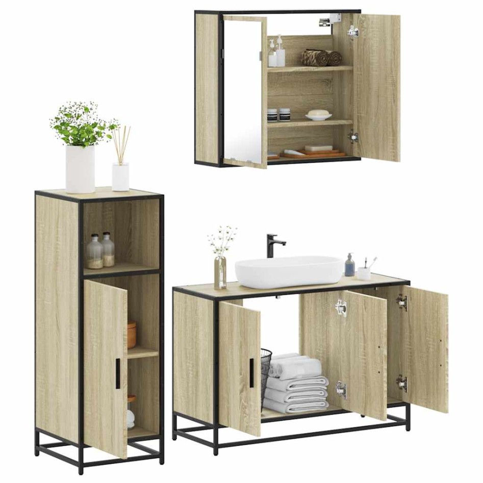 Set de muebles de baño 3 pzas madera contrachapada roble