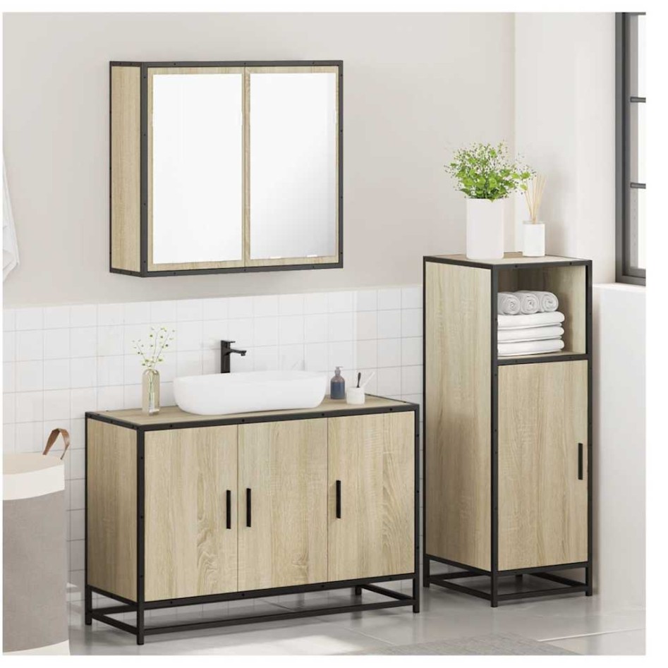 Set de muebles de baño 3 pzas madera contrachapada roble