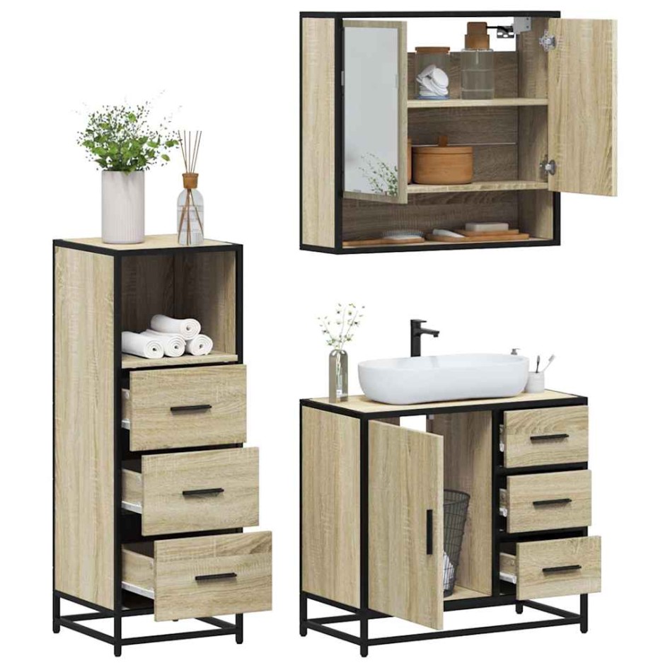 Set de muebles de baño 3 pzas madera contrachapada roble
